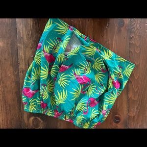 BOA running shorts, flamingo print, lined, 1.5” split, loose, short